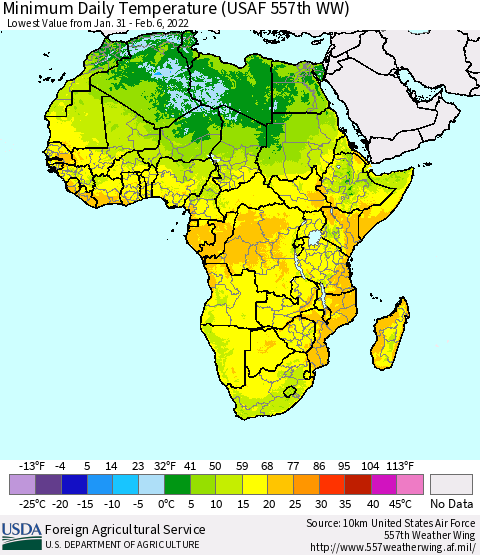 Africa Minimum Daily Temperature (USAF 557th WW) Thematic Map For 1/31/2022 - 2/6/2022