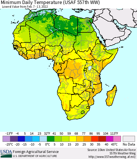 Africa Minimum Daily Temperature (USAF 557th WW) Thematic Map For 2/7/2022 - 2/13/2022