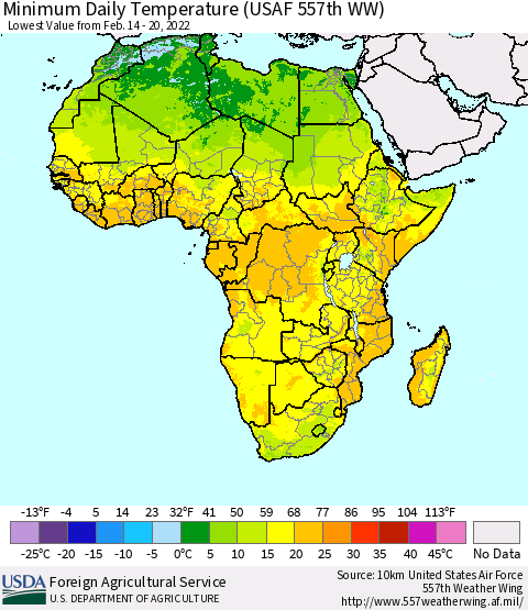 Africa Minimum Daily Temperature (USAF 557th WW) Thematic Map For 2/14/2022 - 2/20/2022