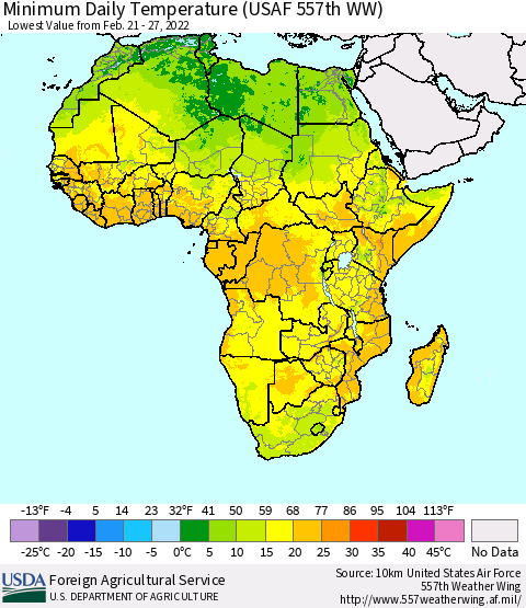 Africa Minimum Daily Temperature (USAF 557th WW) Thematic Map For 2/21/2022 - 2/27/2022
