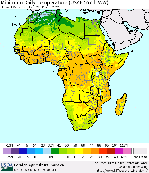 Africa Minimum Daily Temperature (USAF 557th WW) Thematic Map For 2/28/2022 - 3/6/2022