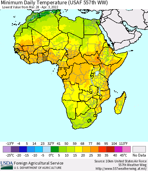 Africa Minimum Daily Temperature (USAF 557th WW) Thematic Map For 3/28/2022 - 4/3/2022