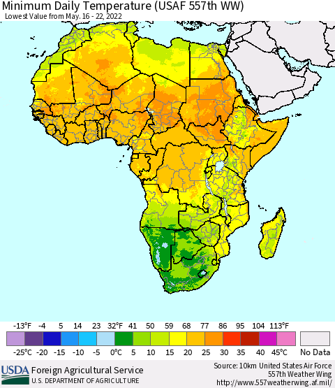 Africa Minimum Daily Temperature (USAF 557th WW) Thematic Map For 5/16/2022 - 5/22/2022