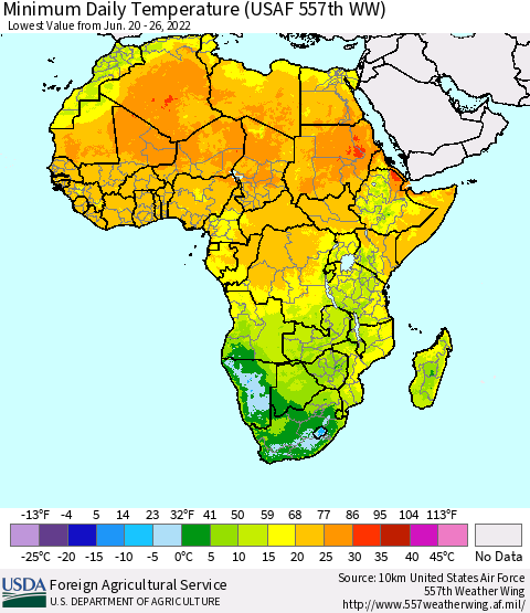 Africa Minimum Daily Temperature (USAF 557th WW) Thematic Map For 6/20/2022 - 6/26/2022