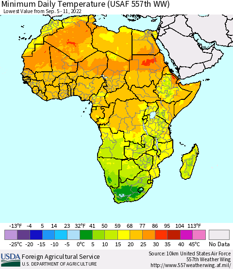 Africa Minimum Daily Temperature (USAF 557th WW) Thematic Map For 9/5/2022 - 9/11/2022