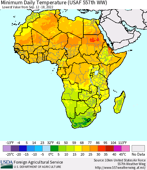 Africa Minimum Daily Temperature (USAF 557th WW) Thematic Map For 9/12/2022 - 9/18/2022