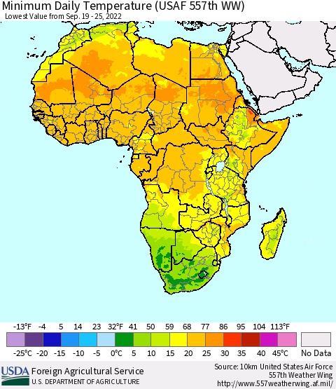 Africa Minimum Daily Temperature (USAF 557th WW) Thematic Map For 9/19/2022 - 9/25/2022