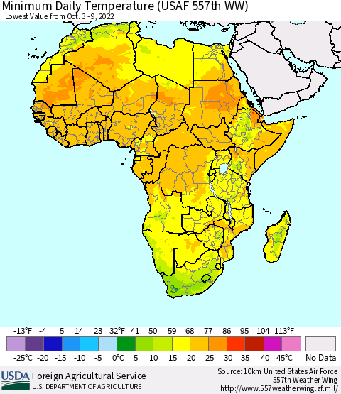 Africa Minimum Daily Temperature (USAF 557th WW) Thematic Map For 10/3/2022 - 10/9/2022