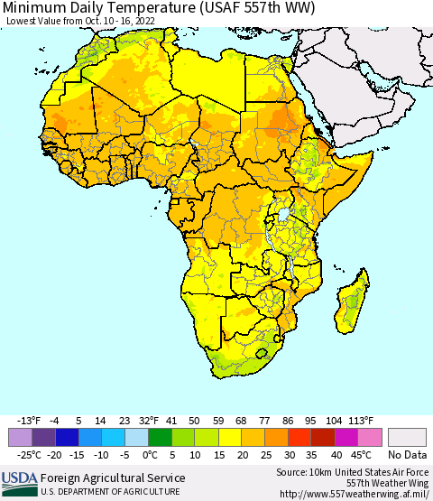 Africa Minimum Daily Temperature (USAF 557th WW) Thematic Map For 10/10/2022 - 10/16/2022