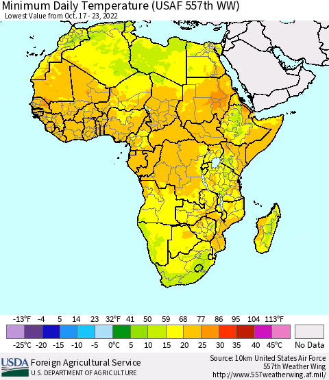 Africa Minimum Daily Temperature (USAF 557th WW) Thematic Map For 10/17/2022 - 10/23/2022