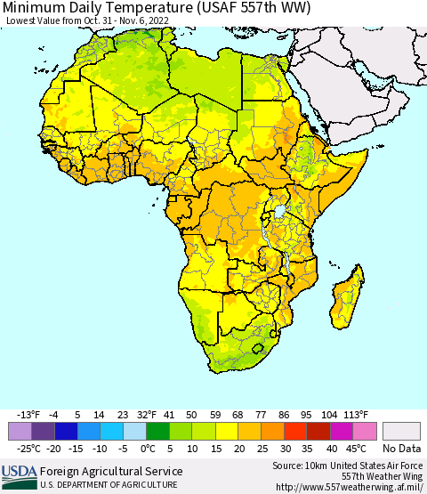 Africa Minimum Daily Temperature (USAF 557th WW) Thematic Map For 10/31/2022 - 11/6/2022