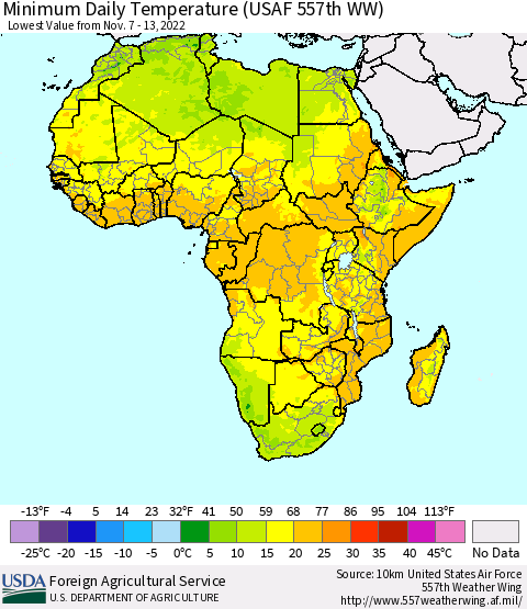 Africa Minimum Daily Temperature (USAF 557th WW) Thematic Map For 11/7/2022 - 11/13/2022