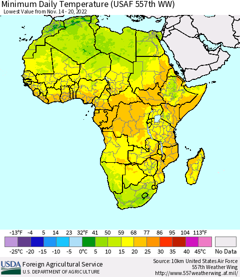 Africa Minimum Daily Temperature (USAF 557th WW) Thematic Map For 11/14/2022 - 11/20/2022