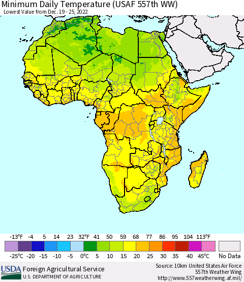 Africa Minimum Daily Temperature (USAF 557th WW) Thematic Map For 12/19/2022 - 12/25/2022