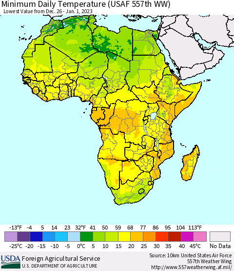 Africa Minimum Daily Temperature (USAF 557th WW) Thematic Map For 12/26/2022 - 1/1/2023