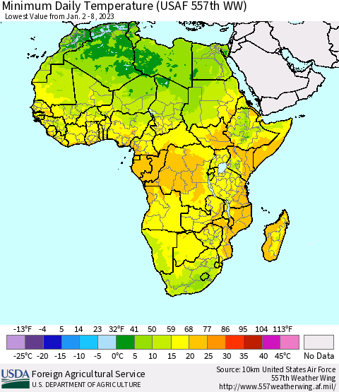 Africa Minimum Daily Temperature (USAF 557th WW) Thematic Map For 1/2/2023 - 1/8/2023