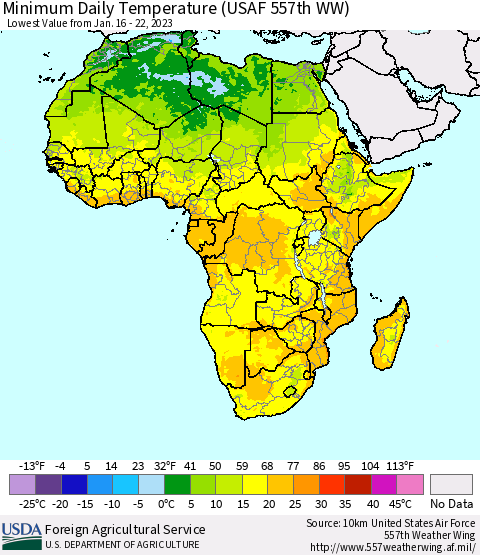Africa Minimum Daily Temperature (USAF 557th WW) Thematic Map For 1/16/2023 - 1/22/2023