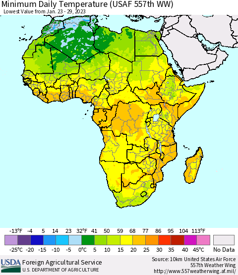Africa Minimum Daily Temperature (USAF 557th WW) Thematic Map For 1/23/2023 - 1/29/2023