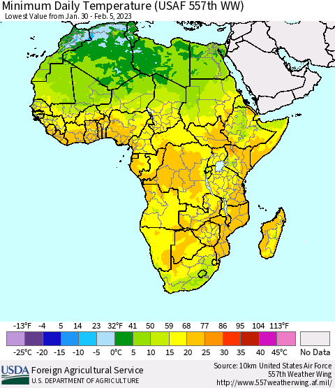 Africa Minimum Daily Temperature (USAF 557th WW) Thematic Map For 1/30/2023 - 2/5/2023
