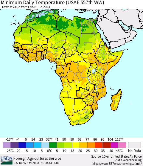 Africa Minimum Daily Temperature (USAF 557th WW) Thematic Map For 2/6/2023 - 2/12/2023