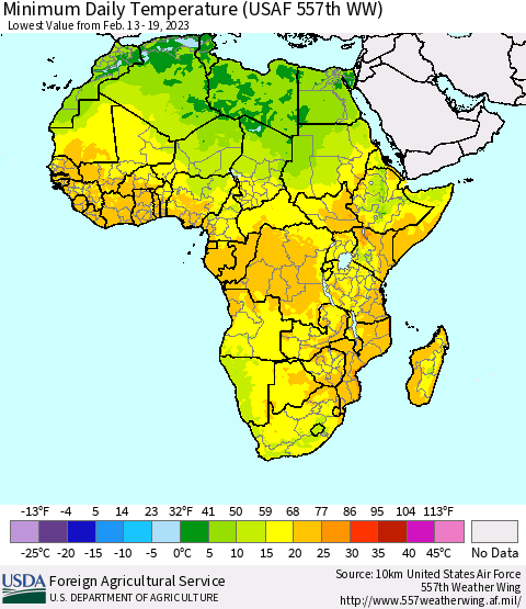 Africa Minimum Daily Temperature (USAF 557th WW) Thematic Map For 2/13/2023 - 2/19/2023