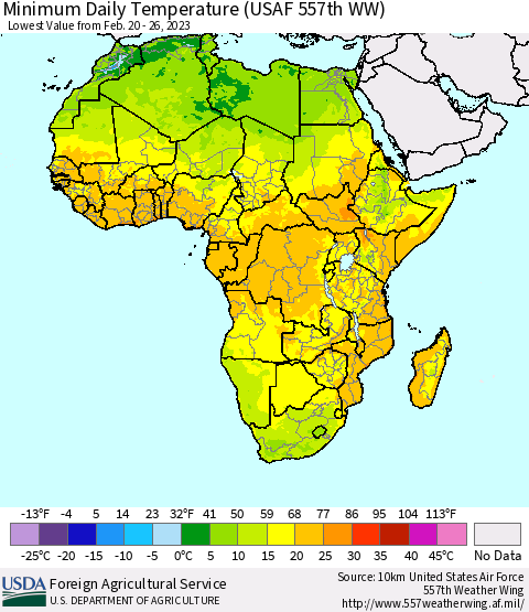 Africa Minimum Daily Temperature (USAF 557th WW) Thematic Map For 2/20/2023 - 2/26/2023