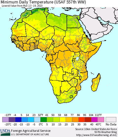 Africa Minimum Daily Temperature (USAF 557th WW) Thematic Map For 3/13/2023 - 3/19/2023