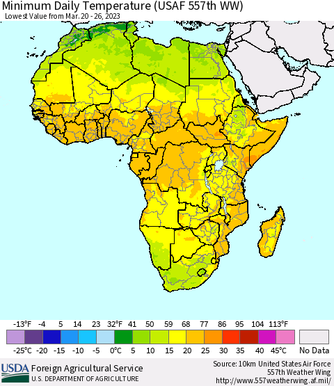 Africa Minimum Daily Temperature (USAF 557th WW) Thematic Map For 3/20/2023 - 3/26/2023