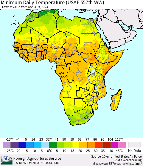 Africa Minimum Daily Temperature (USAF 557th WW) Thematic Map For 4/3/2023 - 4/9/2023