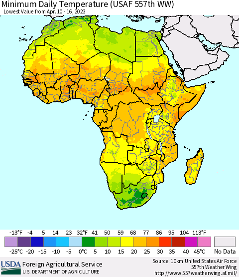 Africa Minimum Daily Temperature (USAF 557th WW) Thematic Map For 4/10/2023 - 4/16/2023