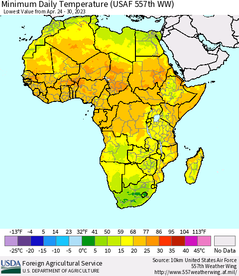 Africa Minimum Daily Temperature (USAF 557th WW) Thematic Map For 4/24/2023 - 4/30/2023