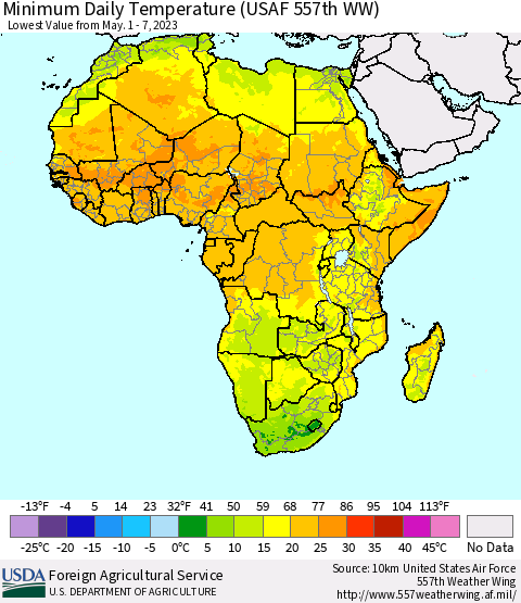 Africa Minimum Daily Temperature (USAF 557th WW) Thematic Map For 5/1/2023 - 5/7/2023