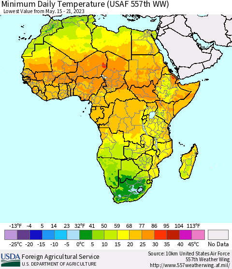 Africa Minimum Daily Temperature (USAF 557th WW) Thematic Map For 5/15/2023 - 5/21/2023