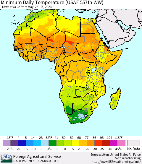 Africa Minimum Daily Temperature (USAF 557th WW) Thematic Map For 5/22/2023 - 5/28/2023
