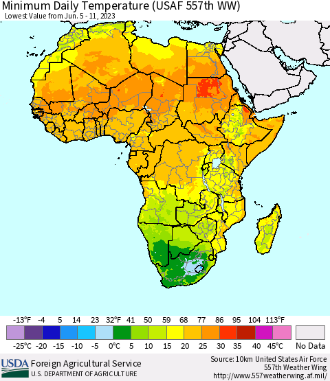 Africa Minimum Daily Temperature (USAF 557th WW) Thematic Map For 6/5/2023 - 6/11/2023