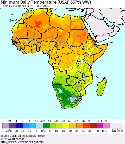 Africa Minimum Daily Temperature (USAF 557th WW) Thematic Map For 6/26/2023 - 7/2/2023