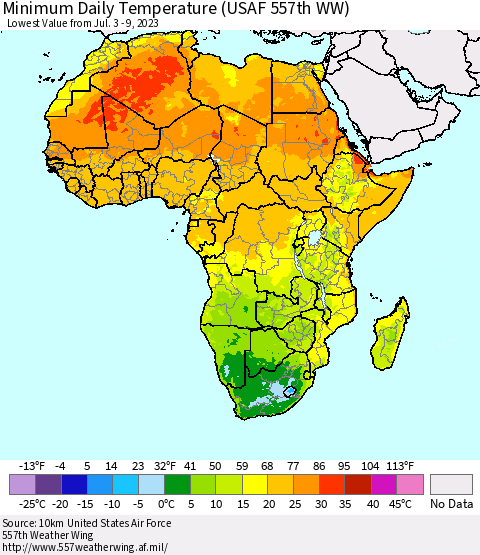 Africa Minimum Daily Temperature (USAF 557th WW) Thematic Map For 7/3/2023 - 7/9/2023