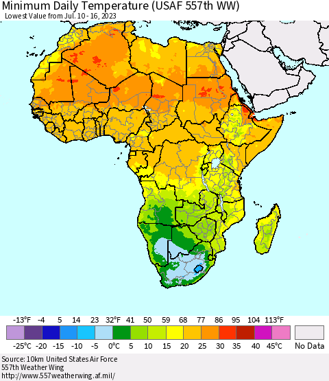 Africa Minimum Daily Temperature (USAF 557th WW) Thematic Map For 7/10/2023 - 7/16/2023