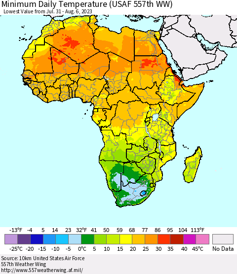 Africa Minimum Daily Temperature (USAF 557th WW) Thematic Map For 7/31/2023 - 8/6/2023