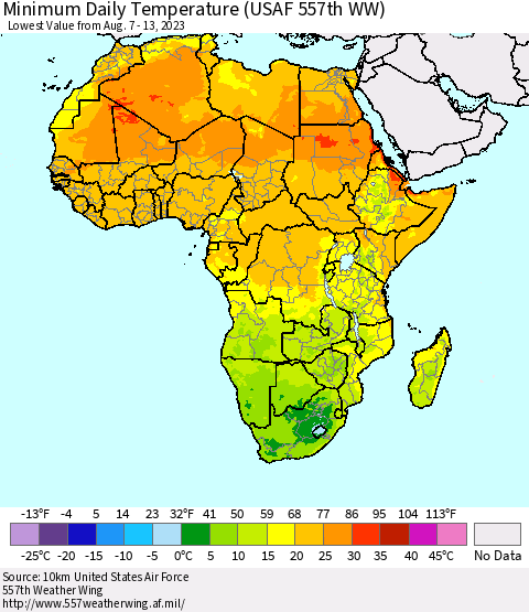 Africa Minimum Daily Temperature (USAF 557th WW) Thematic Map For 8/7/2023 - 8/13/2023