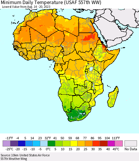 Africa Minimum Daily Temperature (USAF 557th WW) Thematic Map For 8/14/2023 - 8/20/2023