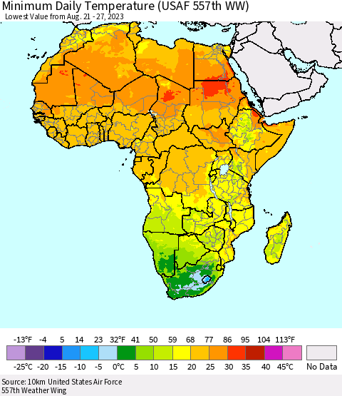 Africa Minimum Daily Temperature (USAF 557th WW) Thematic Map For 8/21/2023 - 8/27/2023