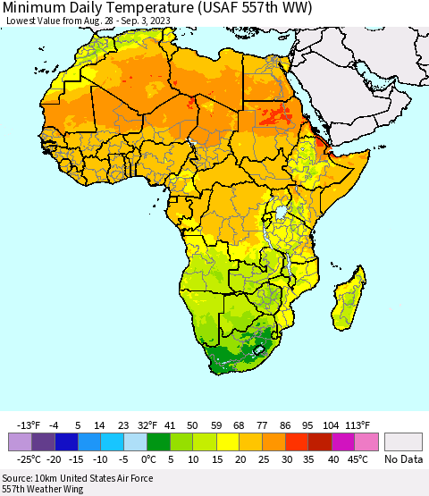 Africa Minimum Daily Temperature (USAF 557th WW) Thematic Map For 8/28/2023 - 9/3/2023