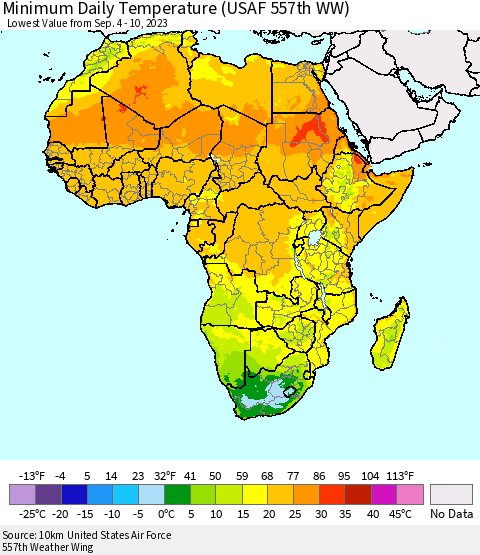 Africa Minimum Daily Temperature (USAF 557th WW) Thematic Map For 9/4/2023 - 9/10/2023