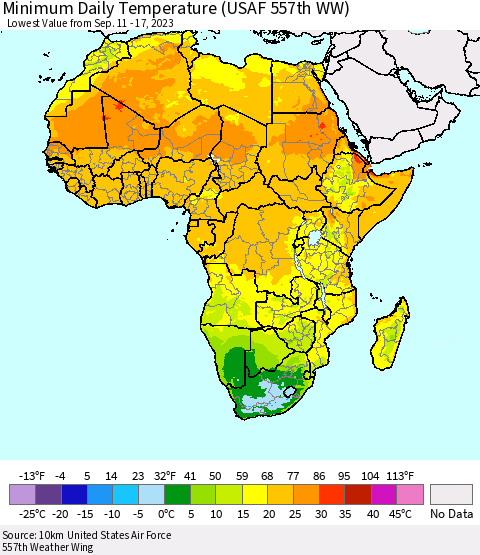 Africa Minimum Daily Temperature (USAF 557th WW) Thematic Map For 9/11/2023 - 9/17/2023