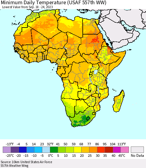 Africa Minimum Daily Temperature (USAF 557th WW) Thematic Map For 9/18/2023 - 9/24/2023