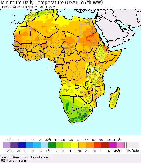 Africa Minimum Daily Temperature (USAF 557th WW) Thematic Map For 9/25/2023 - 10/1/2023