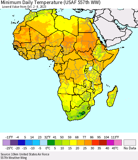 Africa Minimum Daily Temperature (USAF 557th WW) Thematic Map For 10/2/2023 - 10/8/2023