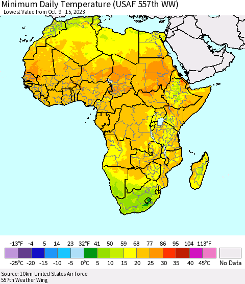 Africa Minimum Daily Temperature (USAF 557th WW) Thematic Map For 10/9/2023 - 10/15/2023