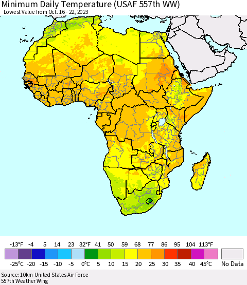 Africa Minimum Daily Temperature (USAF 557th WW) Thematic Map For 10/16/2023 - 10/22/2023